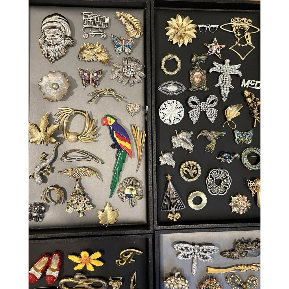 HUGE Vintage - Modern LOT Rhinestone Mixed Material Brooch Pin Some Signed